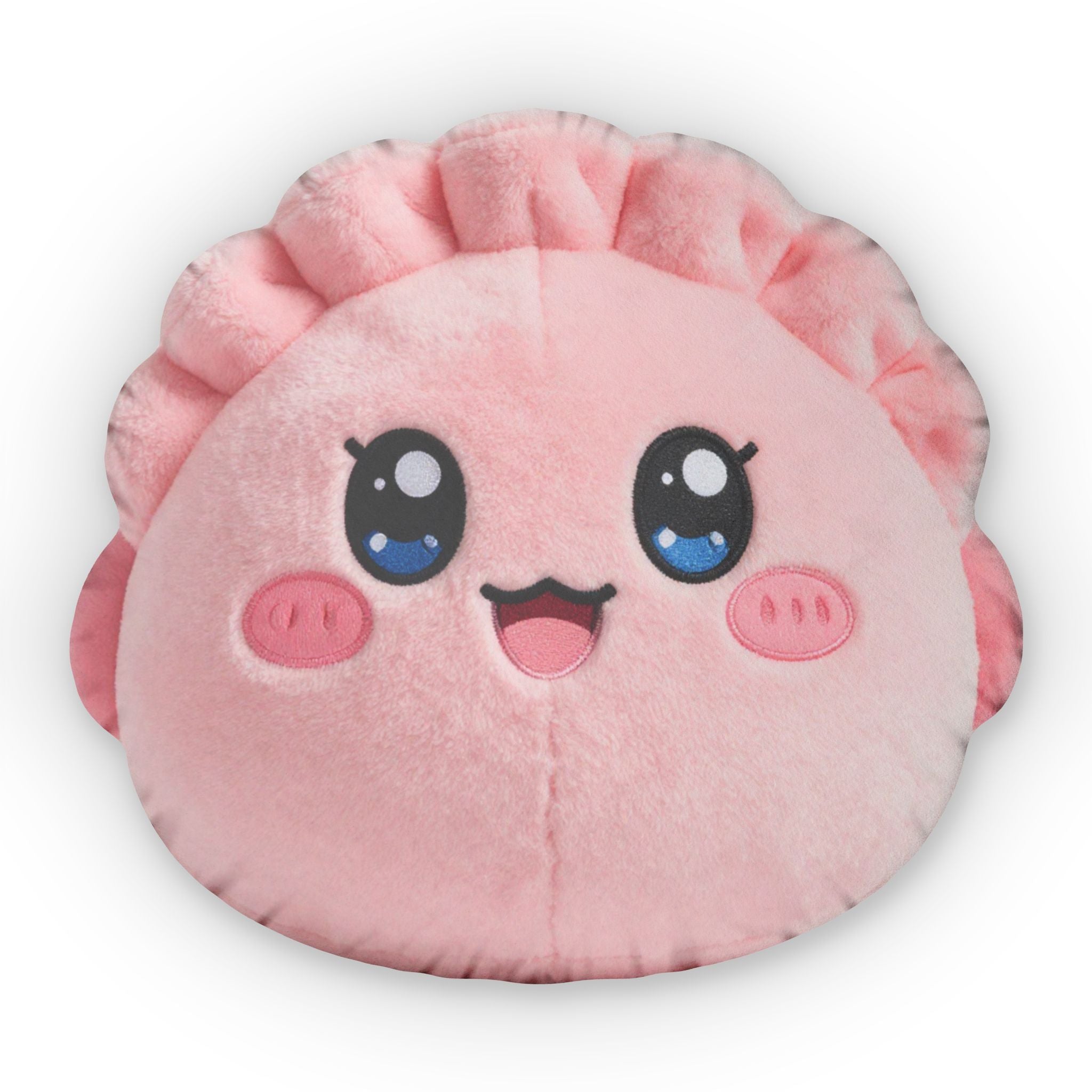 Cute Kawaii Pink Plush Pillow — Smiling Round Custom Shaped Pillow